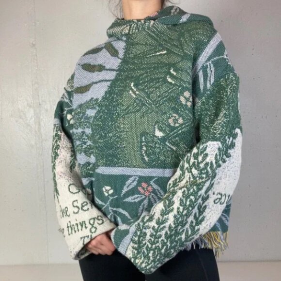 Vintage Rework Green Fringe Cropped Tapestry Blanket Hoodie - Picture 4 of 9